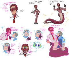  blue_eyes brown_hair clothed engineer_(team_fortress_2) fangs gloves hand_on_another&#039;s_cheek hand_on_hip hypnotic_eyes kaa_eyes male_only malesub mask multicolored_eyes mx_boxlocks naga_boy resisting ring_eyes smug snake snake_boy spy_(team_fortress_2) team_fortress_2 text transformation 