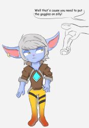  alternate_costume clothed crossover earrings female_only femsub grey_hair jewelry league_of_legends overwatch short_hair simple_background text tracer tristana violetriot yordle 