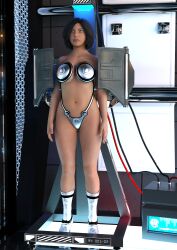 3d absurdres alli_(allidee) allidee black_hair blue_eyes boots breasts cleavage collarbone expressionless huge_breasts original short_hair standing standing_at_attention tech_control thong 