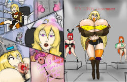  bimbofication blonde_hair bradtanker3 brain_drain breast_expansion breasts bunny_ears bunnysuit drool erza_scarlet fairy_tail huge_breasts huge_lips large_lips lip_expansion nami_(one_piece) one_piece orange_hair purple_eyes red_hair resisting rwby tech_control text transformation yang_xiao_long 