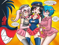 absurdres amber_sheller black_hair blue_hair bow breasts cleavage comic dialogue evil_smile femsub gloves glowing glowing_eyes happy_trance hat large_breasts long_hair open_mouth opera_gloves original pink_hair red_eyes resisting samantha_buachaill short_hair smile text thighhighs twintails veronica_sheller_(midori-chan) zorro-zero zorro_(zorro-zero)