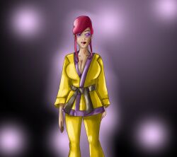 april_o&#039;neil cleavage expressionless femsub genmasolider glowing glowing_eyes martial_arts_uniform red_hair standing standing_at_attention teenage_mutant_ninja_turtles