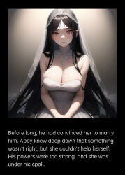  ai_art black_hair breasts bridal_veil caption caption_only cleavage femsub large_breasts maledom manip stable_diffusion_(ai) text very_long_hair wedding_dress 