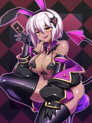 bangs bare_shoulders boots bow bow_tie breasts bunny_ears bunny_girl cleavage cosplay fake_animal_ears female_only femsub garter_belt gloves hair_ornament happy_trance high_heels jacket jewelry kedamaton_ large_breasts looking_at_viewer opera_gloves pasties pink_background pink_hair short_hair slave_gear_(ts_mahou_shoujo_nao!) sling_bikini smile solo tail tan_skin thigh_boots thighhighs tongue ts_mahou_shoujo_nao! yellow_eyes