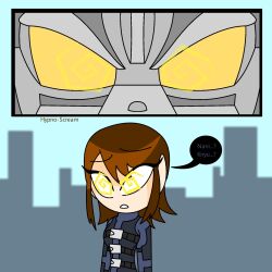  akane_yashiro brown_hair comic confused eyelashes femsub godzilla_(series) hypnoscream hypnotic_creature hypnotic_eyes kiryu_(godzilla) robot shiny_skin short_hair simple_background speech_bubble spiral_eyes standing tagme text yellow_eyes 