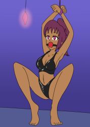 armpits arms_above_head ball_gag bare_legs barefoot bikini bondage collarbone crystal dark_skin female_only femsub glowing glowing_eyes kneeling latex mythkaz original ponytail purple_eyes purple_hair restrained simple_background solo spread_legs starla_(courierbutterfly) tied_hair