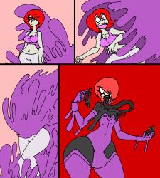  absurdres breasts bulge cleavage dafuze_(lordebonfuze) femsub large_breasts lordebonfuze maledom masculinization midriff open_mouth original red_hair short_hair slime slime_trap tongue tongue_out transformation transgender 