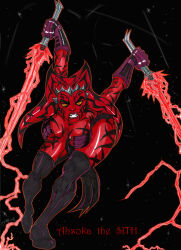 absurdres ahsoka_tano angry boots breasts cleavage corruption electricity female_only gloves huge_breasts lightsaber looking_at_viewer lpsalsaman nightmare_fuel open_mouth orange_eyes red_eyes red_lipstick solo standing star_wars tentacles text thick_thighs thigh_boots togruta twintails unhappy_trance