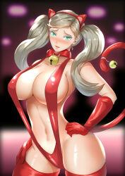  ann_takamaki bell_collar blonde_hair blush breasts cleavage collar empty_eyes femsub gloves hadant huge_breasts latex long_hair midriff opera_gloves persona_(series) persona_5 solo thighhighs twintails 