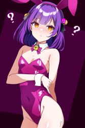  batta18th bell_collar blush bow_tie bunny_ears bunny_girl bunnysuit confused cuffs empty_eyes expressionless fake_animal_ears female_only femsub hair_ornament hinomori_anzu looking_at_viewer purple_hair short_hair small_breasts solo virtual_youtuber yellow_eyes 