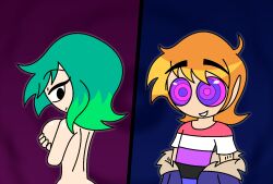 ahoge androgynous_sub bare_shoulders brown_hair coat convenient_censoring femdom green_hair happy_trance hypnoscream large_breasts looking_back love nude pride_colors ramona_flowers ring_eyes scott_pilgrim scott_pilgrim_(series) seductive_smile shiny_hair shiny_skin shirt simple_background smile undressing