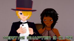 aware black_eyes black_hair blonde_hair blue_eyes cover dark_skin english_text hair_covering_one_eye magician matthew_(veritas) phone short_hair simone_(veritas) text veritas zenin1