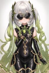  ai_art aiartd_(generator) blindfold bodysuit expressionless female_only femsub genshin_impact gloves goddess green_hair hair_ornament jewelry multicolored_hair nahida_(genshin_impact) opera_gloves rubber silver_hair simple_background slime small_breasts solo standing twintails very_long_hair white_background 