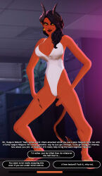 3d black_hair demon_girl dialogue dispatch_(game) earrings female_only femsub haigure happy_trance horns humor large_breasts leotard lipstick malevola_(dispatch) manip pov red_skin sleepyhead97_(manipper) smile solo spread_legs squatting tail text yellow_eyes