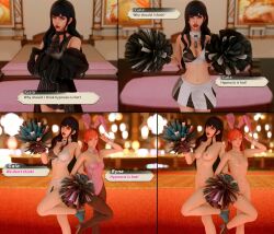 3d alternate_costume artiblessing_(blessinginlewd) bare_breasts bare_legs bare_shoulders black_hair blue_eyes bunny_ears bunny_girl bunnysuit cheerleader choker cleavage cuffs dialogue english_text female_only femsub final_fantasy final_fantasy_xiv gaia_(final_fantasy_xiv) happy_trance high_heels legs long_hair looking_at_viewer midriff navel nipples nude orange_hair ryne smile square_enix text v