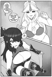 absurdres beidou black_hair blonde_hair breasts cleavage coin comic dialogue eshie female_only femdom femsub genshin_impact large_breasts monochrome multiple_girls ningguang_(genshin_impact) pendulum restrained sitting text turning_the_tables yuri