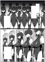 bare_shoulders black_hair blonde_hair breasts collar comic corruption drone dronification expressionless female_only femsub gloves grey_hair greyscale helmet leotard long_hair multiple_girls multiple_subs narumi_yuu opera_gloves original rubber sex_machine short_hair standing standing_at_attention tech_control vaginal