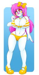 absurdres alternate_color_scheme alternate_hair_color bikini_top bimbofication bow breasts clothed_exposure clown earrings female_only femsub happy_trance huge_breasts jewelry kobi94 long_hair micro_bikini necklace pink_hair ring_eyes short_shorts smile solo thong