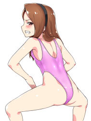 ass blush breasts brown_hair female_only femsub haigure hair_band iori_minase leotard long_hair looking_back simple_background small_breasts solo the_idolm@ster unhappy_trance