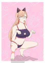  absurdres bare_shoulders barefoot blonde_hair breasts cat_ears cat_girl cat_lingerie cat_pose fake_animal_ears femsub glasses happy_trance large_breasts maria_azami midriff navel open_mouth panties pet_play pink_background simple_background soex suppose_a_kid_from_the_last_dungeon tongue underwear very_long_hair yellow_eyes 