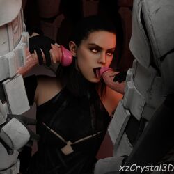 3d absurdres bare_shoulders brown_hair corruption erection fellatio handjob happy_trance licking open_mouth orange_eyes penis rey_(star_wars) star_wars stormtrooper tongue tongue_out xzcrystal3d