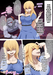  beard blonde_hair body_swap breast_grab clothed demon demon_boy dialogue english_text erotawasroom femsub grey_hair hard_translated horns licking licking_lips long_hair maledom princess red_eyes royalty short_hair text translated 