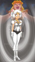 dazed female_only femdom femsub high_heels mouse_girl open_mouth sailor_galaxia sailor_iron_mouse sailor_moon_(series) short_hair sigfried028 spiral_eyes standing standing_at_attention symbol_in_eyes watermark white_hair