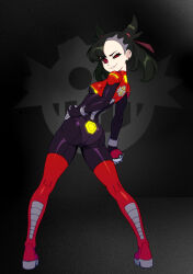  ass black_hair black_sclera bodysuit breasts clothed crossover dr_eggman evil_smile eye_color_change eyebrows_visible_through_hair femsub flechitas gloves hair_ribbon marnie_(pokemon) nintendo pokeball pokemon pokemon_sword_and_shield red_eyes solo sonic_the_hedgehog_(series) thigh_boots tight_clothing 