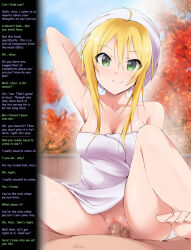  absurdres ahoge altered_common_sense bare_shoulders blonde_hair caption censored cradily_(manipper) dialogue femsub kaiga long_hair maledom manip miki_hoshii penis sex smile spiral_eyes symbol_in_eyes text the_idolm@ster towel vaginal 