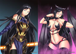 before_and_after black_hair blush breasts castlevania corruption demon_girl empty_eyes female_only gradient_background hadant horns large_breasts long_hair monster_girl shanoa signature simple_background solo watermark