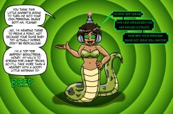 antenna black_hair bra fembot femsub green_eyes hand_on_hip happy_trance headphones instant_loss naga_girl original robotization scales short_hair simple_background smug spiral_background spiral_eyes spiralwash_eyes supertechno324 tail tech_control