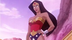  bare_shoulders black_hair bracers breasts cartoon_network cleavage collarbone dc_comics female_only glowing_eyes hand_on_hip heylamp_(manipper) indifferent justice_league_(series) large_breasts lasso_of_truth leotard long_hair manip screenshot solo standing whitewash_eyes wonder_woman 
