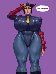  beret black_hair bodysuit breasts capcom comic drone female_only femsub gloves instant_loss juri_han lactation large_breasts latex leotard military_uniform muscle_girl nipples rampage0118 saluting shadaloo_dolls short_hair standing standing_at_attention street_fighter text tie 
