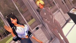  3d black_eyes black_hair blonde_hair blue_eyes bodysuit complex_background crop_top cybus_industries doctor_who_(series) dog_ears drone female_only femsub jacket koikatsu! large_breasts latex milena multiple_girls original outdoors wolf_girl 