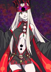 alternate_color_scheme alternate_costume angra_mainyu arm_warmers aura bare_shoulders body_markings breasts clothed corruption crown dress evil_smile eye_color_change fate/stay_night fate/zero fate_(series) femsub irisviel_von_einzbern large_breasts looking_at_viewer midriff pale_skin possession rompaxrompa smile smug thighs very_long_hair white_hair yellow_eyes
