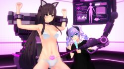  3d animal_ears arm_warmers armpits barefoot beam bikini blue_eyes bondage brown_hair cat_ears cat_girl collar crotch_tattoo cuffs custom_maid_3d_2 drill_hair female_only femdom femsub horns long_hair monitor multiple_girls navel original popsicle restrained sasaduka_0322 small_breasts spread_legs straight-cut_bangs tech_control twintails v 