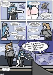  blue_hair brain_dead_retail_(series) brain_drain comic hat humor kilroylucy18 naked_apron nessi_(kilroylucy18) original tagme text 