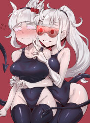  blush female_only femdom femsub glasses glowing glowing_eyes hair_buns helltaker horns loremaster_(helltaker) lucifer_(helltaker) manip misterman4_(manipper) mototoshi one-piece_swimsuit ponytail spiral_eyes straight-cut_bangs swimsuit symbol_in_eyes tagme thighhighs unhappy_trance white_hair 