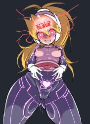 artist_request blonde_hair blush breasts capcom ciel_(megaman_zero) corruption erect_nipples gloves happy_trance heart heart_eyes helmet large_breasts looking_at_viewer megaman_(series) megaman_zero pink_eyes ponytail pussy pussy_juice skirt skirt_lift sweat symbol_in_eyes tattoo tech_control text