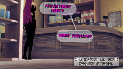 aware black_hair circe clothed dc_comics dialogue dogdog english_text latex purple_hair text