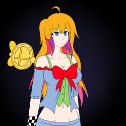  absurdres ahoge arm_warmers bangs black_background blonde_hair blue_eyes cleavage cleavage_cutout collarbone crop_top dollification empty_eyes expressionless female_only femsub large_breasts long_hair midriff orange_hair original purple_hair ribbon simple_background solo vi_(vynil) wind-up_key zombi62 