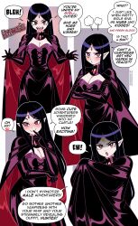 blush cape dialogue dress fangs female_only femdom gloves nico_neco original red_eyes sexism simple_background solo speech_bubble spiral_eyes vampire wholesome yuri 