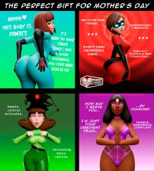  3d absurdres alternate_costume ass ass_grab ass_rub black_hair bodysuit brown_hair cartoon_network clothed costume crossover dancing danny_phantom_(series) dark_skin dialogue disney elastigirl empty_eyes english_text eye_color_change femsub from_behind glowing_eyes happy_trance helen_parr hypnotic_accessory hypnotic_mask jimmy_neutron_(series) judy_neutron large_breasts maddeline_fenton mask milf mochi_dance mother's_day multiple_girls multiple_methods_of_hypnosis multiple_subs nickelodeon pearlification pink_sclera pixar possession priyanka_maheswaran red_eyes ring steven_universe super_hero supercasket tech_control text the_incredibles tight_clothing tongue tongue_out yolkian 