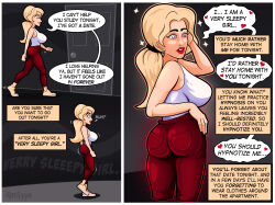  absurdres ass before_and_after blonde_hair clothed comic dialogue femsub grey_background hand_on_head hand_on_hip heart horiizyn jeans large_ass large_breasts lipstick open_mouth original ponytail red_lipstick simple_background speech_bubble spiral_eyes tank_top text tight_clothing trigger unaware 