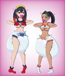  carmine_(pokemon) chicken_pose crop_top diaper female_only femsub marudl mochi_dance multiple_girls multiple_subs nemona_(pokemon) nintendo pacifier pokemon pokemon_scarlet_and_violet socks tagme underboob 