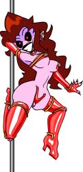 bikini black_lipstick black_sclera brown_hair earrings femsub friday_night_funkin' happy_trance high_heels hypnotic_accessory hypnotic_clothing latex long_hair long_nails mommy_mearest pole_dancing purple_skin red_eyes shennanigma slavekini tagme