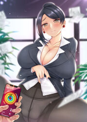 absurdres bijin_onna_joushi_takizawa-san black_hair breasts cell_phone cleavage earrings exposed_chest femsub happy_trance heart heart_eyes huge_breasts hypnotic_app jewelry kyouko_takizawa large_hips maledom manip misterman4_(manipper) office_lady pantyhose shirt_lift siki2046 smile spread_legs squatting symbol_in_eyes tagme tech_control thighhighs tied_hair