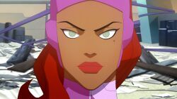  dc_comics female_only glowing_eyes hypnotic_eyes justice_league_(series) long_hair model_citizen red_hair white_eyes 