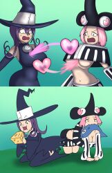  all_fours before_and_after blair body_swap breasts brown_eyes cat_girl eye_color_change female_only femsub hat huge_breasts iggyburnz large_breasts light_skin long_hair mizune mouse_girl multiple_girls multiple_subs navel open_mouth pet_play pink_hair purple_hair short_hair shrunken_irises simple_background sitting skirt soul_eater thick_thighs thighhighs thighs tube_top tubes witch witch_hat yellow_eyes 