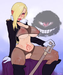  blonde_hair boots bra clothed_exposure corruption crotch_cutout earrings erect_nipples evil_smile femsub fullmetal_alchemist gloves glowing glowing_eyes hypnolion_(manipper) incase jewelry knee-high_boots lipstick long_hair magic nipple_piercing olivier_mira_armstrong open_mouth piercing possession pussy red_eyes simple_background sitting smile sword thighhighs underwear 